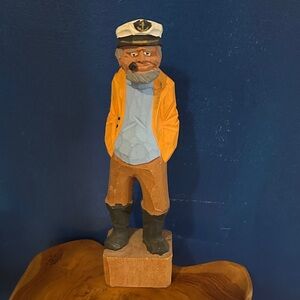 Vintage Folk Art Hand Carved Nautical Captain Sculpture in Orange and Blue 12”